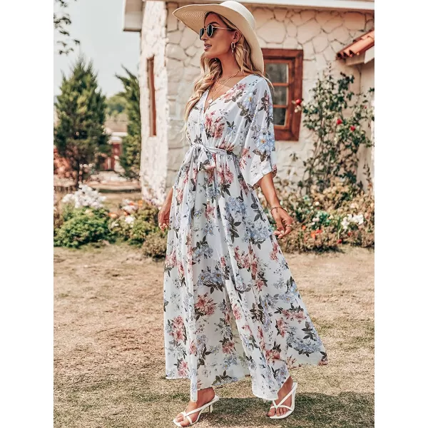 imageANRABESS Womens Summer Loose Kimono Maxi Dress Wrap V Neck 34 Sleeve Floral Print Slit Long DressesWhite Flor