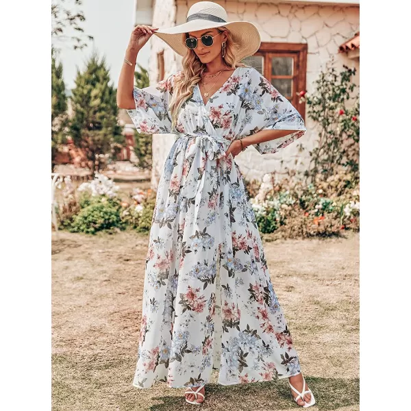 imageANRABESS Womens Summer Loose Kimono Maxi Dress Wrap V Neck 34 Sleeve Floral Print Slit Long DressesWhite Flor