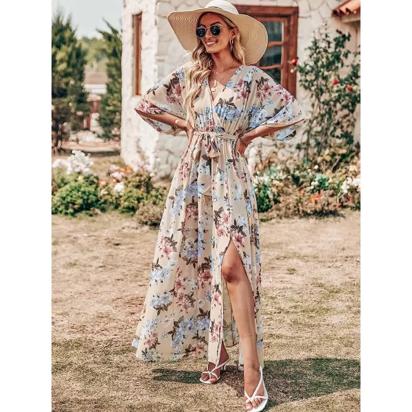 imageANRABESS Womens Summer Loose Kimono Maxi Dress Wrap V Neck 34 Sleeve Floral Print Slit Long DressesYellow Flor