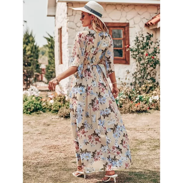 imageANRABESS Womens Summer Loose Kimono Maxi Dress Wrap V Neck 34 Sleeve Floral Print Slit Long DressesYellow Flor