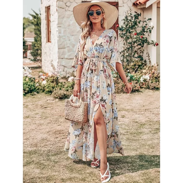 imageANRABESS Womens Summer Loose Kimono Maxi Dress Wrap V Neck 34 Sleeve Floral Print Slit Long DressesYellow Flor