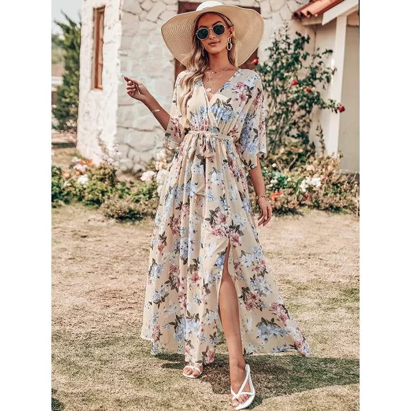 imageANRABESS Womens Summer Loose Kimono Maxi Dress Wrap V Neck 34 Sleeve Floral Print Slit Long DressesYellow Flor