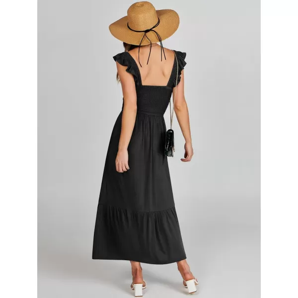 imageANRABESS Womens Summer Maxi Dress Square Neck Ruffle Sleeveless Smocked Tiered Casual Beach Sundress with PocketsBlack