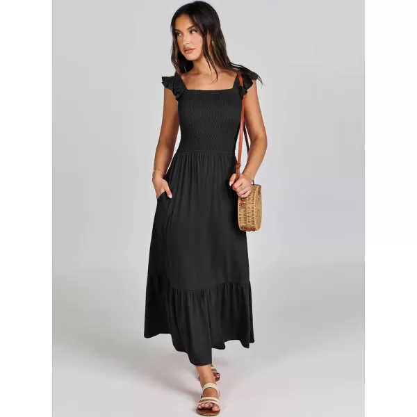 imageANRABESS Womens Summer Maxi Dress Square Neck Ruffle Sleeveless Smocked Tiered Casual Beach Sundress with PocketsBlack