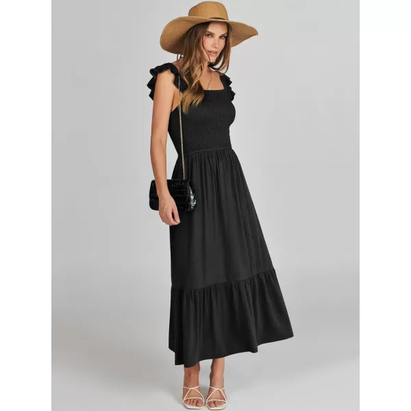 imageANRABESS Womens Summer Maxi Dress Square Neck Ruffle Sleeveless Smocked Tiered Casual Beach Sundress with PocketsBlack