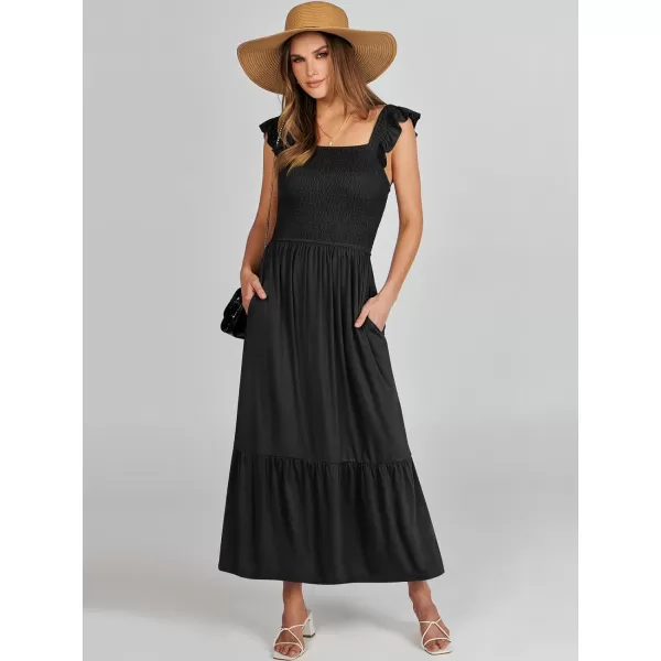 imageANRABESS Womens Summer Maxi Dress Square Neck Ruffle Sleeveless Smocked Tiered Casual Beach Sundress with PocketsBlack