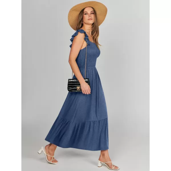 imageANRABESS Womens Summer Maxi Dress Square Neck Ruffle Sleeveless Smocked Tiered Casual Beach Sundress with PocketsBlue
