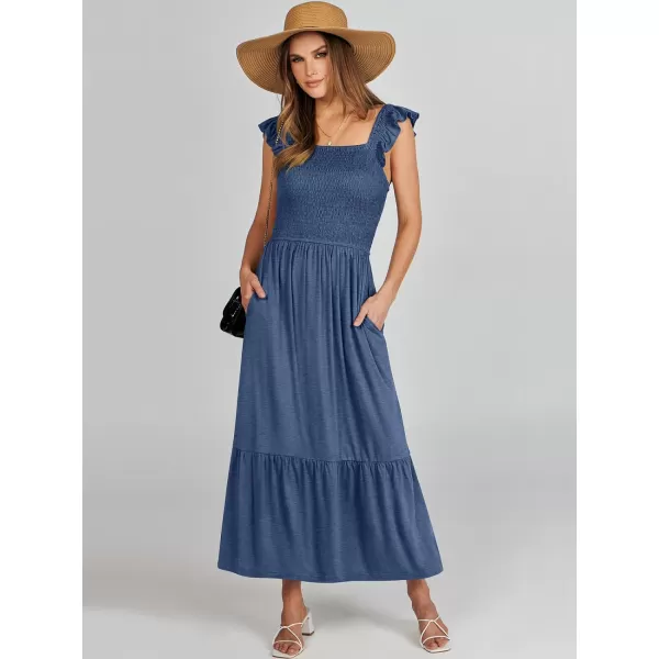 imageANRABESS Womens Summer Maxi Dress Square Neck Ruffle Sleeveless Smocked Tiered Casual Beach Sundress with PocketsBlue