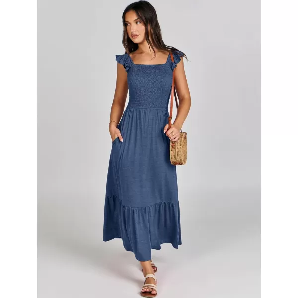 imageANRABESS Womens Summer Maxi Dress Square Neck Ruffle Sleeveless Smocked Tiered Casual Beach Sundress with PocketsBlue