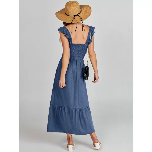 imageANRABESS Womens Summer Maxi Dress Square Neck Ruffle Sleeveless Smocked Tiered Casual Beach Sundress with PocketsBlue