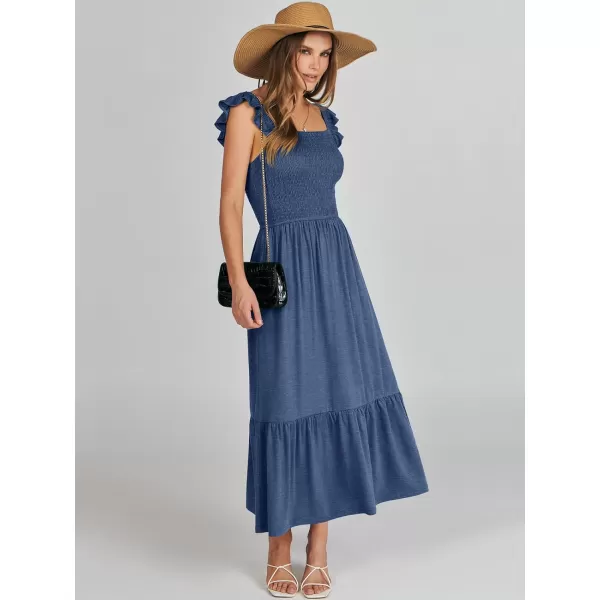 imageANRABESS Womens Summer Maxi Dress Square Neck Ruffle Sleeveless Smocked Tiered Casual Beach Sundress with PocketsBlue