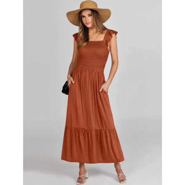 imageANRABESS Womens Summer Maxi Dress Square Neck Ruffle Sleeveless Smocked Tiered Casual Beach Sundress with PocketsBrick Red