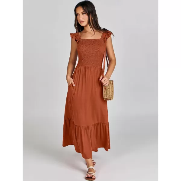 imageANRABESS Womens Summer Maxi Dress Square Neck Ruffle Sleeveless Smocked Tiered Casual Beach Sundress with PocketsBrick Red