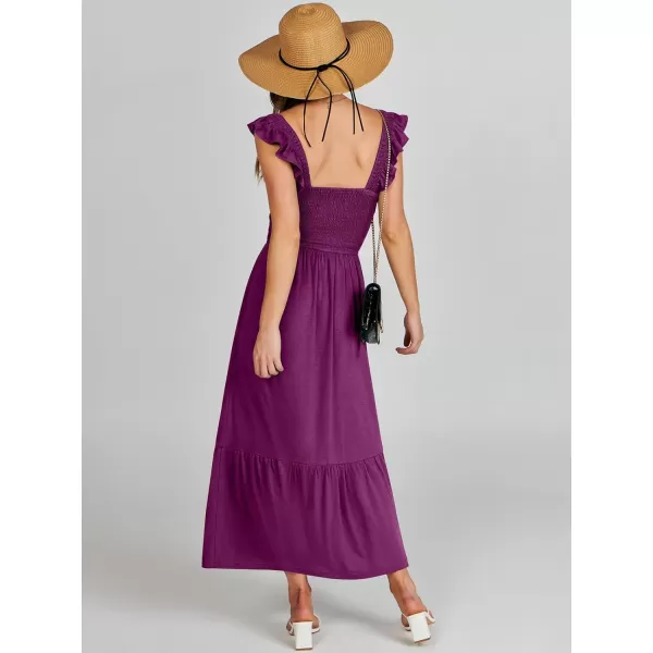 imageANRABESS Womens Summer Maxi Dress Square Neck Ruffle Sleeveless Smocked Tiered Casual Beach Sundress with PocketsDark Purple