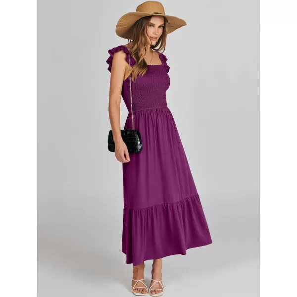 imageANRABESS Womens Summer Maxi Dress Square Neck Ruffle Sleeveless Smocked Tiered Casual Beach Sundress with PocketsDark Purple