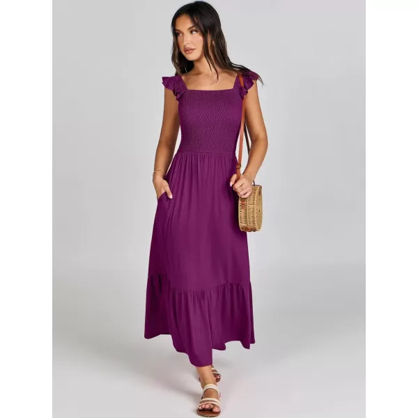 imageANRABESS Womens Summer Maxi Dress Square Neck Ruffle Sleeveless Smocked Tiered Casual Beach Sundress with PocketsDark Purple