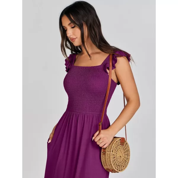 imageANRABESS Womens Summer Maxi Dress Square Neck Ruffle Sleeveless Smocked Tiered Casual Beach Sundress with PocketsDark Purple