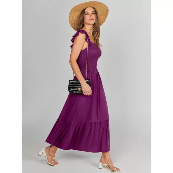 imageANRABESS Womens Summer Maxi Dress Square Neck Ruffle Sleeveless Smocked Tiered Casual Beach Sundress with PocketsDark Purple
