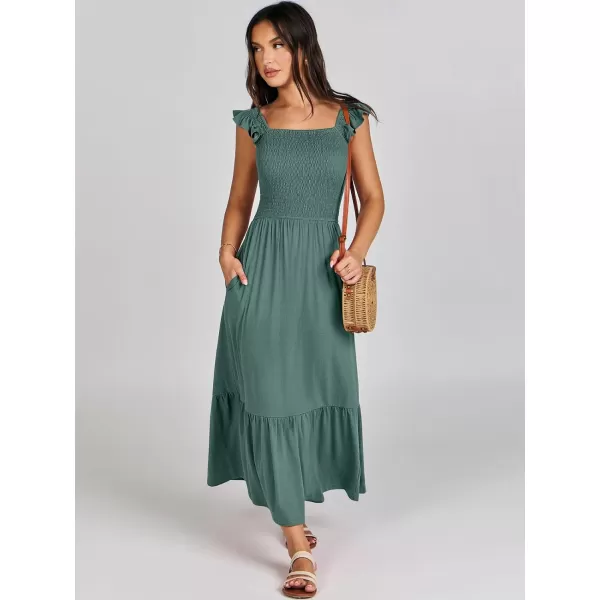 imageANRABESS Womens Summer Maxi Dress Square Neck Ruffle Sleeveless Smocked Tiered Casual Beach Sundress with PocketsGreen