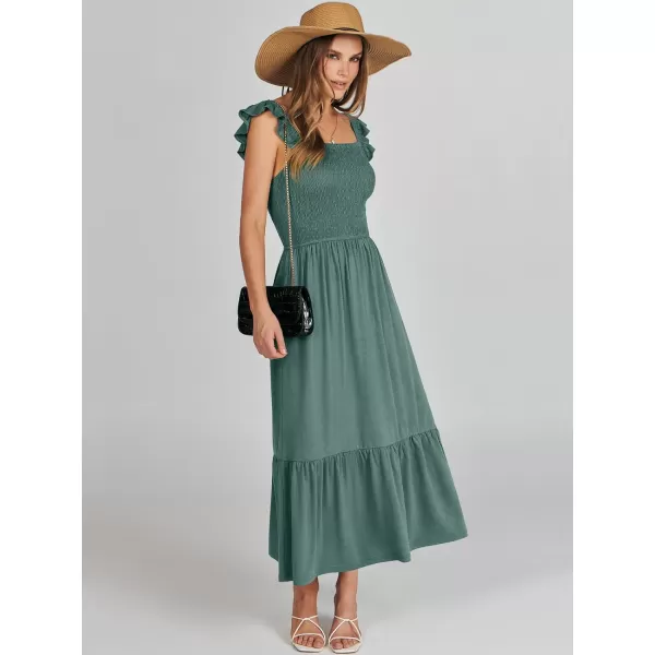 imageANRABESS Womens Summer Maxi Dress Square Neck Ruffle Sleeveless Smocked Tiered Casual Beach Sundress with PocketsGreen