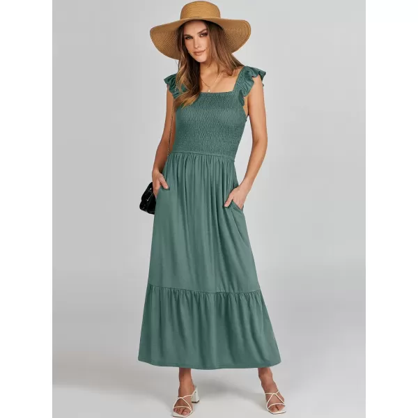 imageANRABESS Womens Summer Maxi Dress Square Neck Ruffle Sleeveless Smocked Tiered Casual Beach Sundress with PocketsGreen
