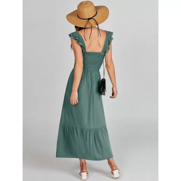 imageANRABESS Womens Summer Maxi Dress Square Neck Ruffle Sleeveless Smocked Tiered Casual Beach Sundress with PocketsGreen