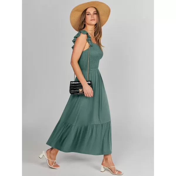 imageANRABESS Womens Summer Maxi Dress Square Neck Ruffle Sleeveless Smocked Tiered Casual Beach Sundress with PocketsGreen