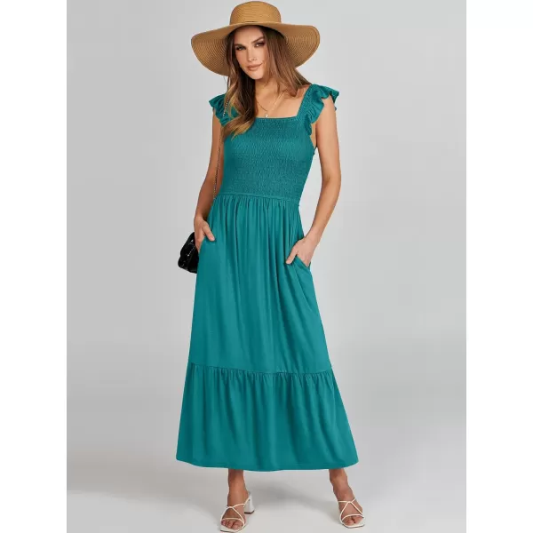 imageANRABESS Womens Summer Maxi Dress Square Neck Ruffle Sleeveless Smocked Tiered Casual Beach Sundress with PocketsLake Green