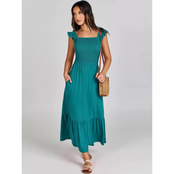 imageANRABESS Womens Summer Maxi Dress Square Neck Ruffle Sleeveless Smocked Tiered Casual Beach Sundress with PocketsLake Green