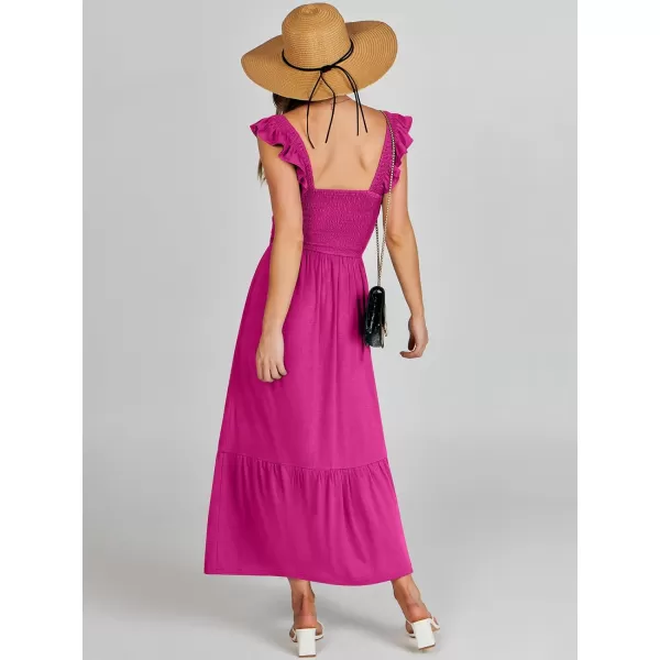 imageANRABESS Womens Summer Maxi Dress Square Neck Ruffle Sleeveless Smocked Tiered Casual Beach Sundress with PocketsRose