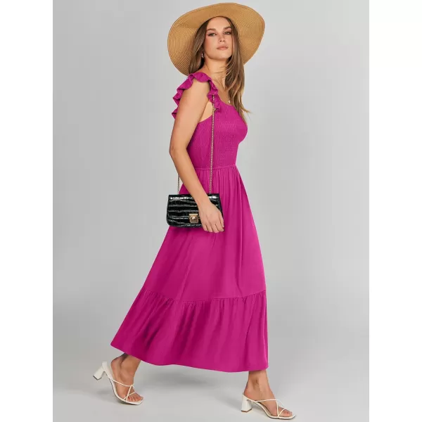 imageANRABESS Womens Summer Maxi Dress Square Neck Ruffle Sleeveless Smocked Tiered Casual Beach Sundress with PocketsRose