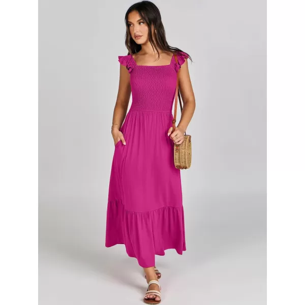 imageANRABESS Womens Summer Maxi Dress Square Neck Ruffle Sleeveless Smocked Tiered Casual Beach Sundress with PocketsRose