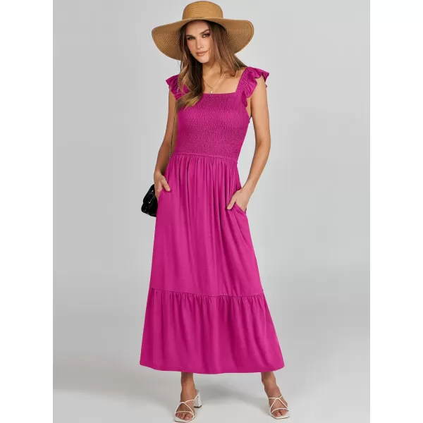 imageANRABESS Womens Summer Maxi Dress Square Neck Ruffle Sleeveless Smocked Tiered Casual Beach Sundress with PocketsRose