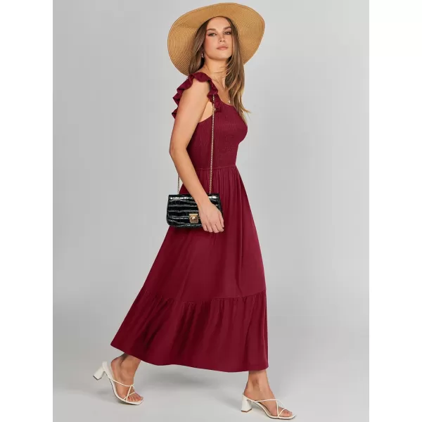 imageANRABESS Womens Summer Maxi Dress Square Neck Ruffle Sleeveless Smocked Tiered Casual Beach Sundress with PocketsWine Red