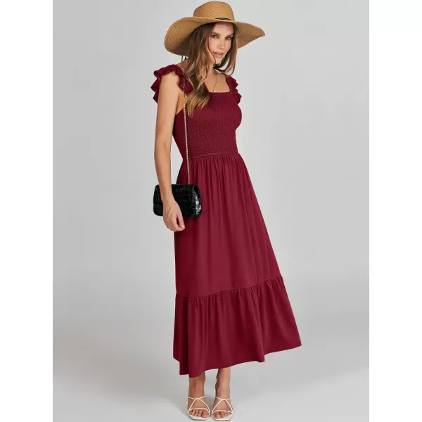 imageANRABESS Womens Summer Maxi Dress Square Neck Ruffle Sleeveless Smocked Tiered Casual Beach Sundress with PocketsWine Red
