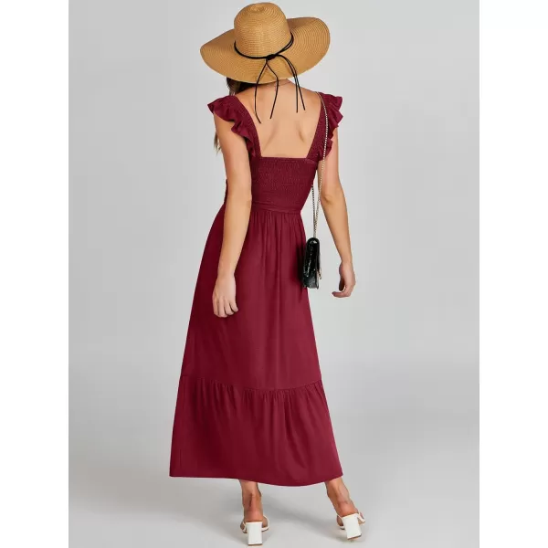 imageANRABESS Womens Summer Maxi Dress Square Neck Ruffle Sleeveless Smocked Tiered Casual Beach Sundress with PocketsWine Red