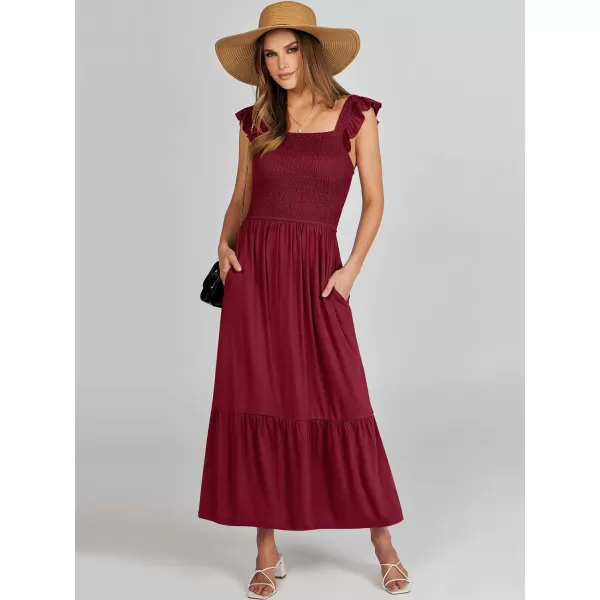imageANRABESS Womens Summer Maxi Dress Square Neck Ruffle Sleeveless Smocked Tiered Casual Beach Sundress with PocketsWine Red