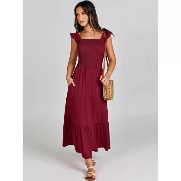 imageANRABESS Womens Summer Maxi Dress Square Neck Ruffle Sleeveless Smocked Tiered Casual Beach Sundress with PocketsWine Red