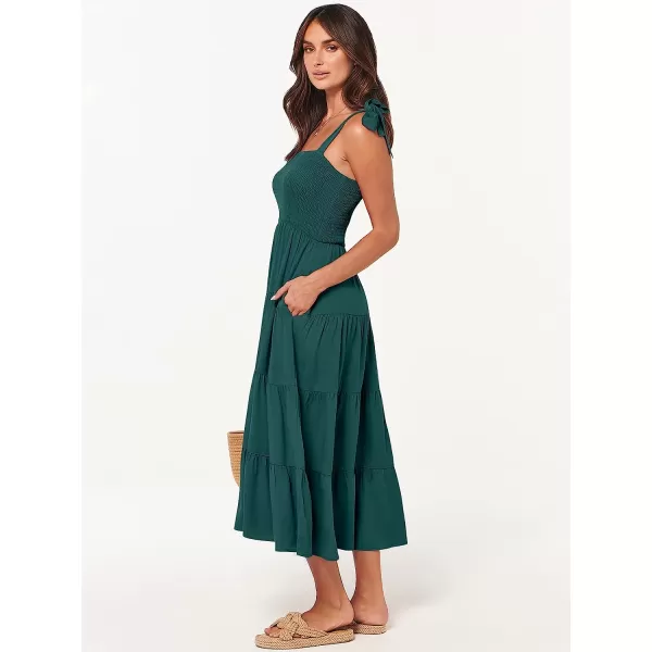 imageANRABESS Womens Summer Midi Dress Casual Boho Sleeveless Tie Strap Smocked Tiered Long Beach Sun DressesDark Green