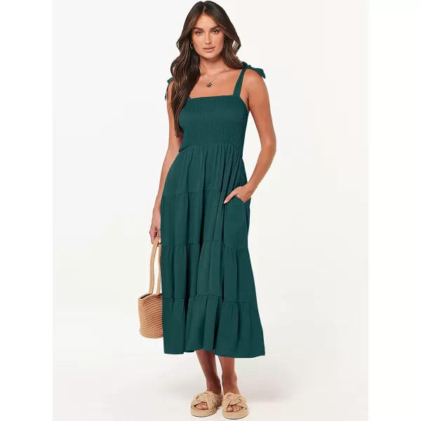 imageANRABESS Womens Summer Midi Dress Casual Boho Sleeveless Tie Strap Smocked Tiered Long Beach Sun DressesDark Green