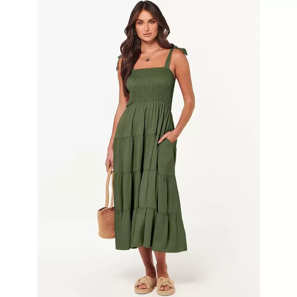 imageANRABESS Womens Summer Midi Dress Casual Boho Sleeveless Tie Strap Smocked Tiered Long Beach Sun DressesOlive