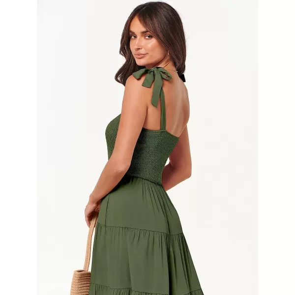 imageANRABESS Womens Summer Midi Dress Casual Boho Sleeveless Tie Strap Smocked Tiered Long Beach Sun DressesOlive