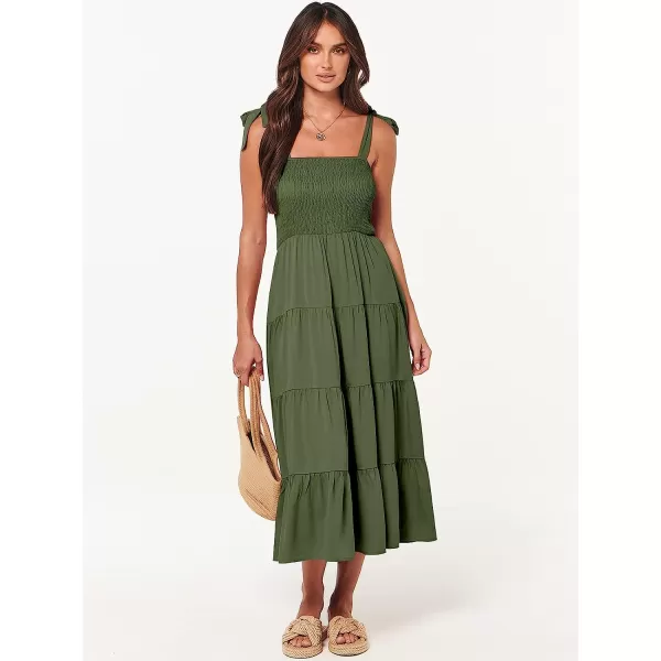 imageANRABESS Womens Summer Midi Dress Casual Boho Sleeveless Tie Strap Smocked Tiered Long Beach Sun DressesOlive