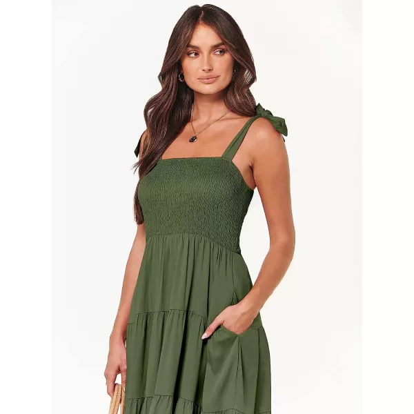 imageANRABESS Womens Summer Midi Dress Casual Boho Sleeveless Tie Strap Smocked Tiered Long Beach Sun DressesOlive