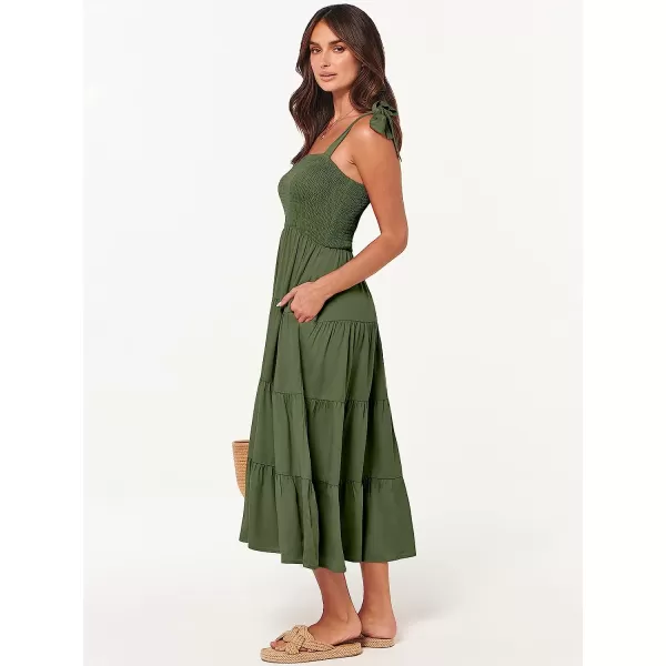 imageANRABESS Womens Summer Midi Dress Casual Boho Sleeveless Tie Strap Smocked Tiered Long Beach Sun DressesOlive