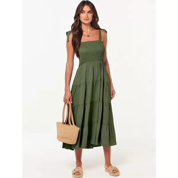 imageANRABESS Womens Summer Midi Dress Casual Boho Sleeveless Tie Strap Smocked Tiered Long Beach Sun DressesOlive