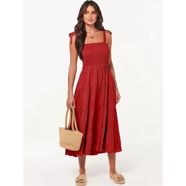 imageANRABESS Womens Summer Midi Dress Casual Boho Sleeveless Tie Strap Smocked Tiered Long Beach Sun DressesRed