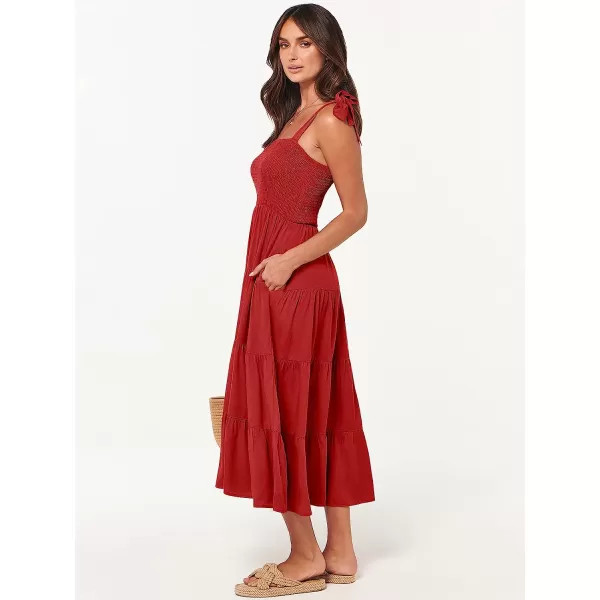 imageANRABESS Womens Summer Midi Dress Casual Boho Sleeveless Tie Strap Smocked Tiered Long Beach Sun DressesRed