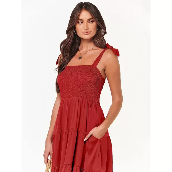 imageANRABESS Womens Summer Midi Dress Casual Boho Sleeveless Tie Strap Smocked Tiered Long Beach Sun DressesRed