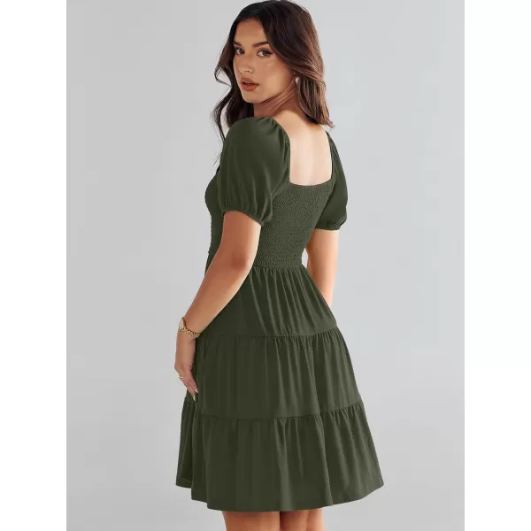 imageANRABESS Womens Summer Mini Dresses 2024 Casual Square Neck Smocked Puff Sleeve Cute Short DressArmy Green